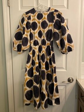 PASCAL Polka Dot Puff Sleeve Midi Dress in Black, White & Mustard